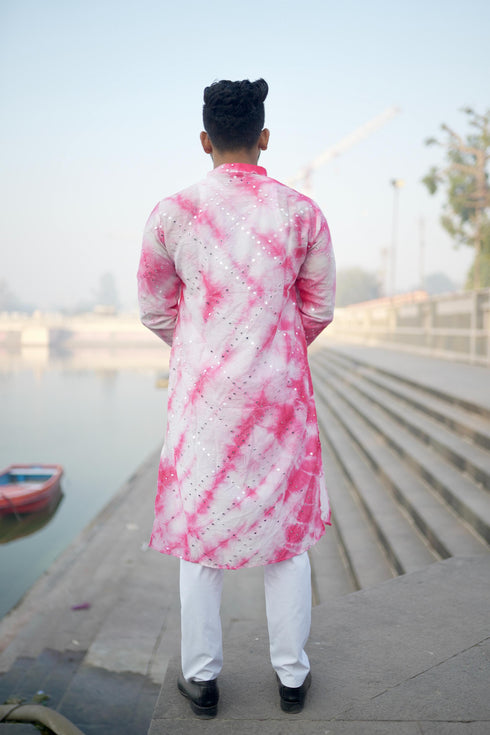 Kzari Gulabi Nazaqat Chanderi Silk Kurta with Checks and Mirror Embellishments