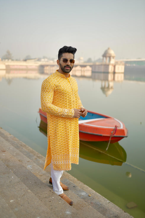 Kzari Orchid-Yellow Rayon Kurta with White Embroidery