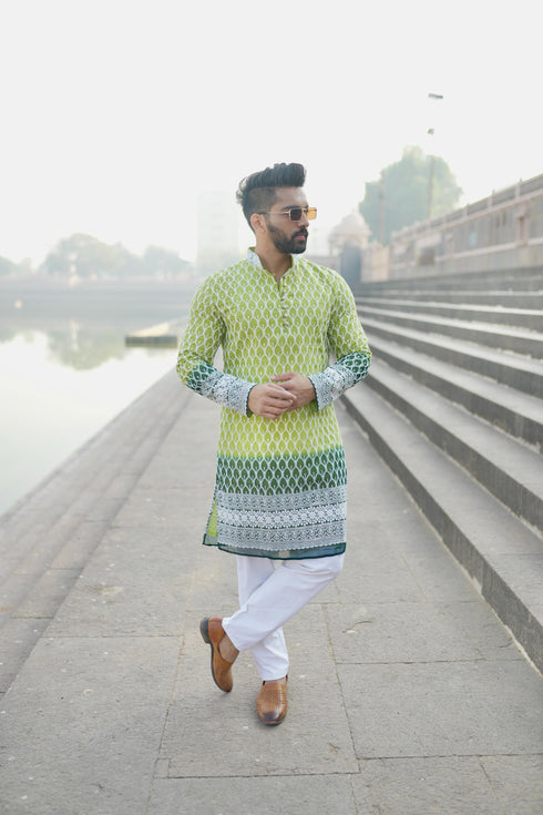Kzari Parrot Georgette Shaded with White Embroidery Kurta