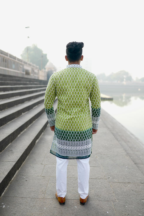 Kzari Parrot Georgette Shaded with White Embroidery Kurta