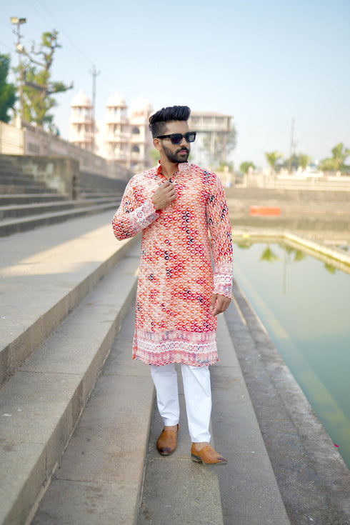 Kzari Anar - Orange Batik with White Embroidery Rayon Kurta