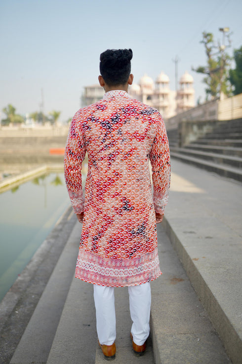 Kzari Anar - Orange Batik with White Embroidery Rayon Kurta