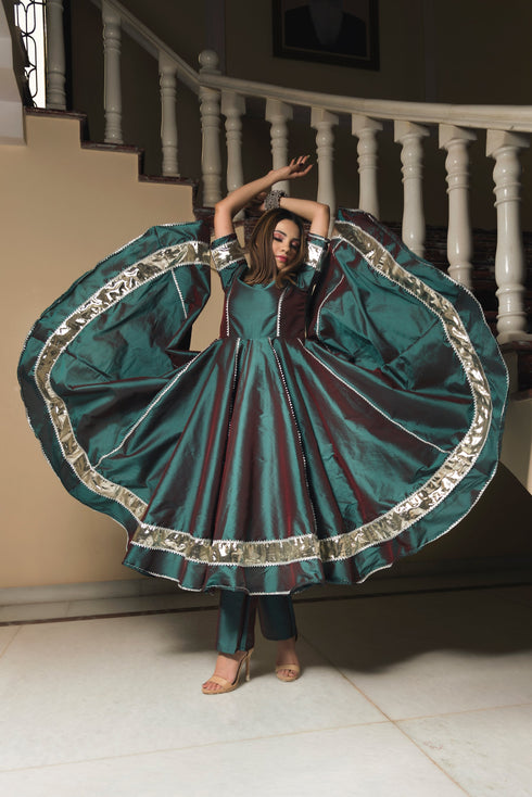 Pomcha Jaipur Taffeta Silk Green Anarkali With Organza Dupatta Set