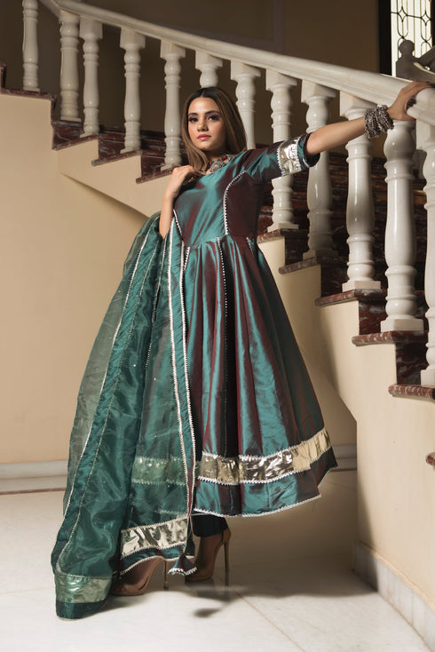 Pomcha Jaipur Taffeta Silk Green Anarkali With Organza Dupatta Set