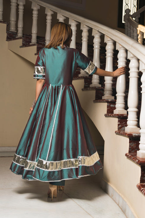 Pomcha Jaipur Taffeta Silk Green Anarkali With Organza Dupatta Set