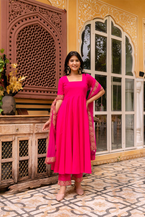 Pomcha Jaipur Raani Pink Cotton Anarkali With Embroidered Soft Net Dupatta