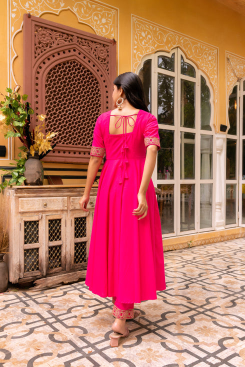 Pomcha Jaipur Raani Pink Cotton Anarkali With Embroidered Soft Net Dupatta