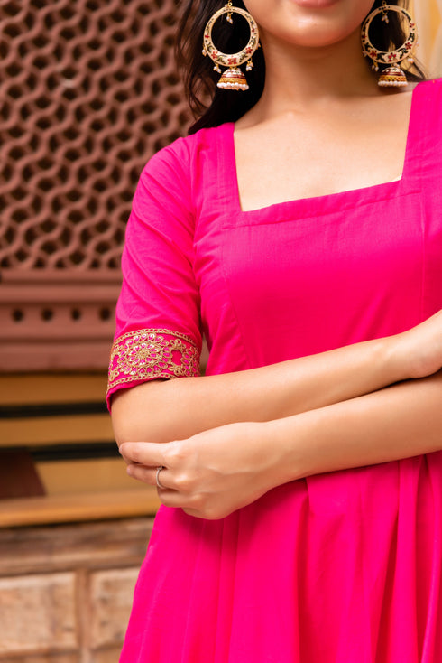 Pomcha Jaipur Raani Pink Cotton Anarkali With Embroidered Soft Net Dupatta