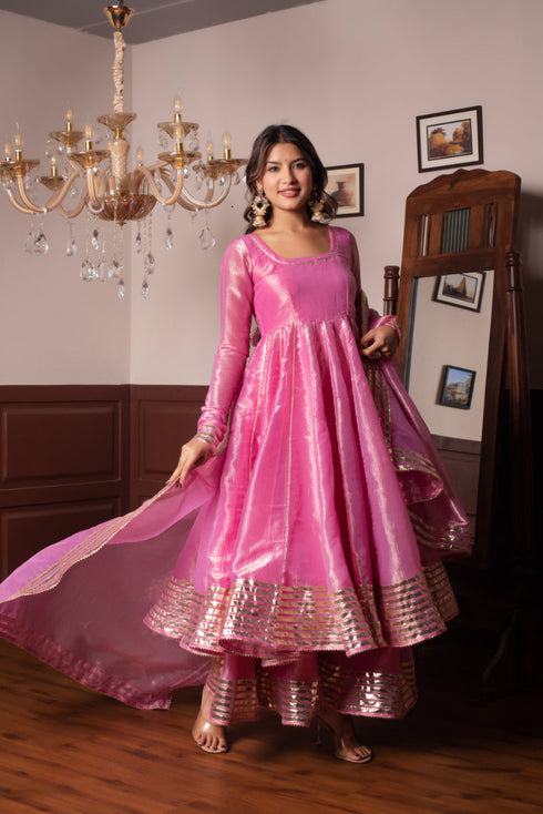 Pomcha Jaipur Silk Gota Patti Anarkali Set With Cosmos Silk Dupatta