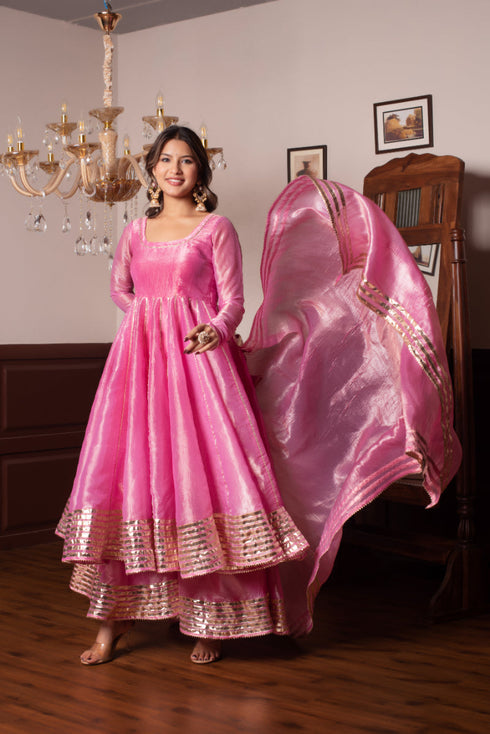 Pomcha Jaipur Silk Gota Patti Anarkali Set With Cosmos Silk Dupatta