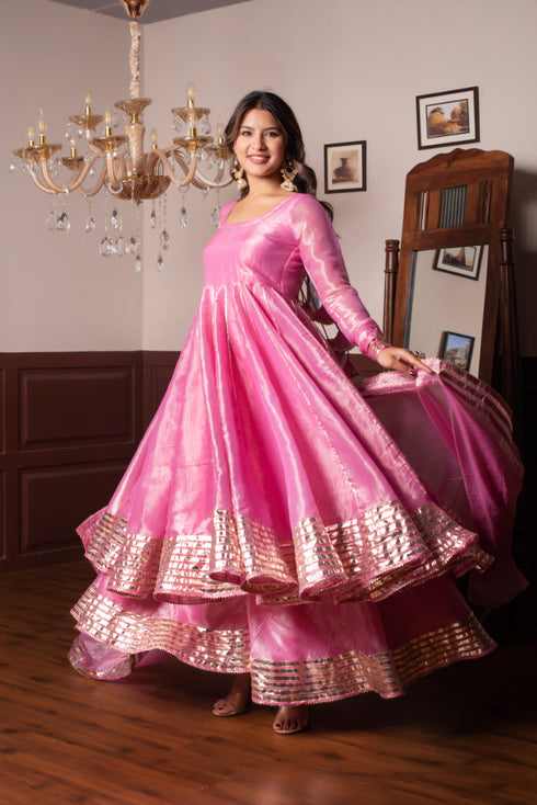 Pomcha Jaipur Silk Gota Patti Anarkali Set With Cosmos Silk Dupatta
