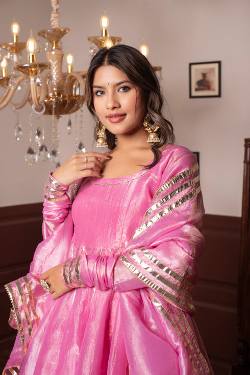 Pomcha Jaipur Silk Gota Patti Anarkali Set With Cosmos Silk Dupatta