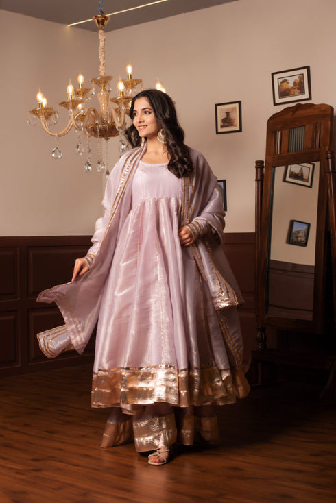 Pomcha Jaipur Silk Lilac Gota Patti Kalidar Anarkali Set With Cosmos Silk Dupatta