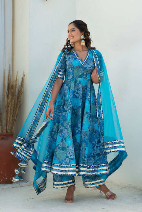 Pomcha Jaipur Blue Cotton Gota Patti Anarkali Set With Soft Net Dupatta