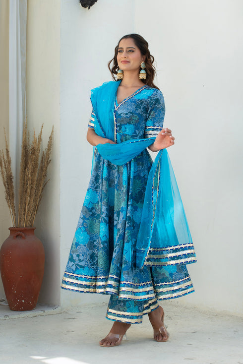 Pomcha Jaipur Blue Cotton Gota Patti Anarkali Set With Soft Net Dupatta