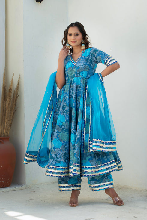 Pomcha Jaipur Blue Cotton Gota Patti Anarkali Set With Soft Net Dupatta