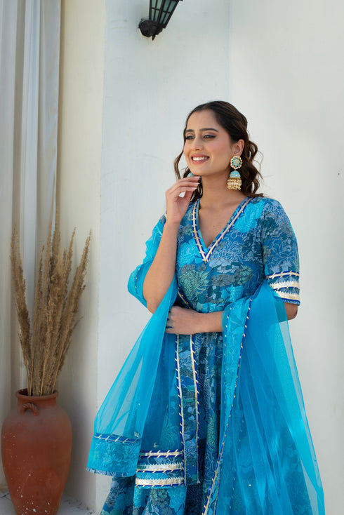 Pomcha Jaipur Blue Cotton Gota Patti Anarkali Set With Soft Net Dupatta