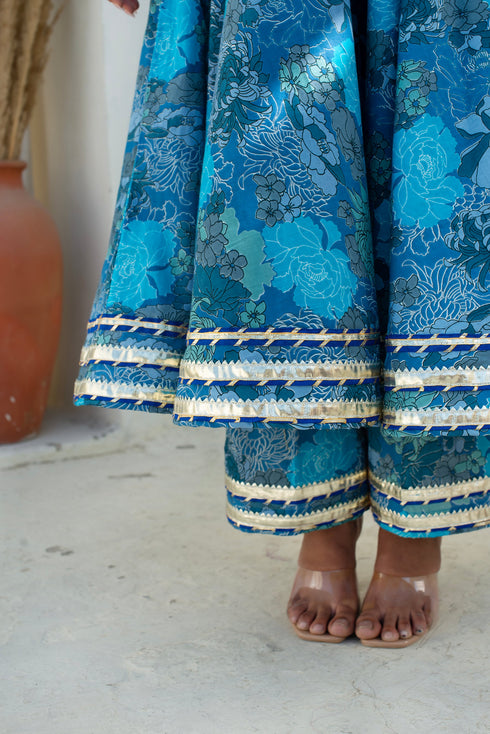 Pomcha Jaipur Blue Cotton Gota Patti Anarkali Set With Soft Net Dupatta