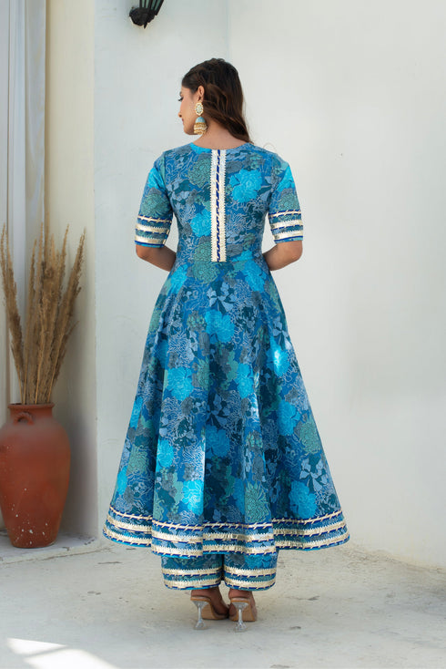 Pomcha Jaipur Blue Cotton Gota Patti Anarkali Set With Soft Net Dupatta