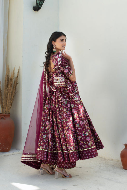 Pomcha Jaipur Hoor Plum Cotton Gota Patti Anarkali With Soft Net Dupatta