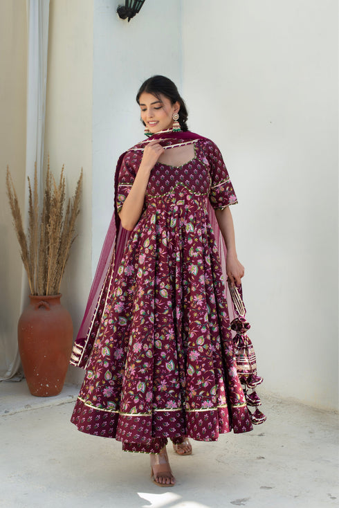 Pomcha Jaipur Hoor Plum Cotton Gota Patti Anarkali With Soft Net Dupatta