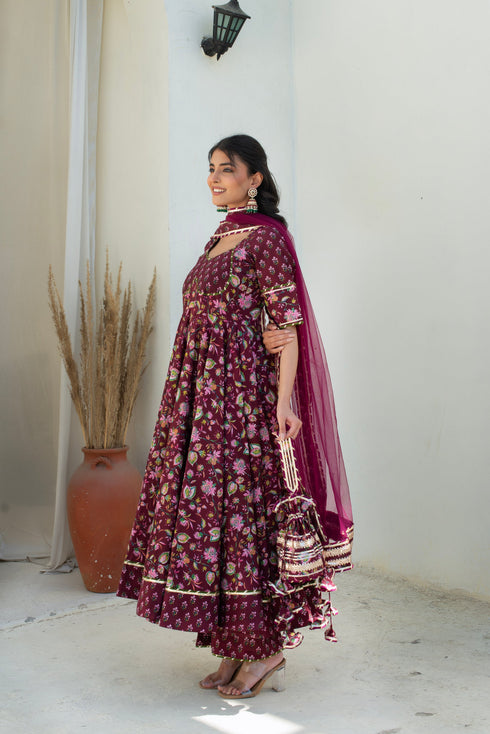 Pomcha Jaipur Hoor Plum Cotton Gota Patti Anarkali With Soft Net Dupatta