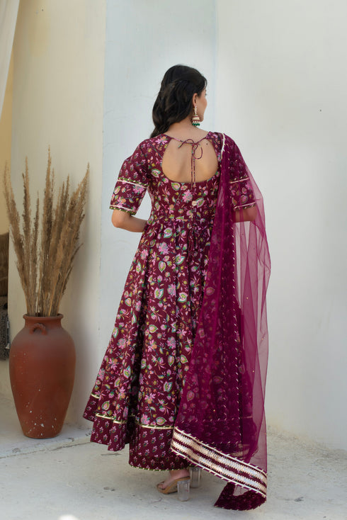 Pomcha Jaipur Hoor Plum Cotton Gota Patti Anarkali With Soft Net Dupatta