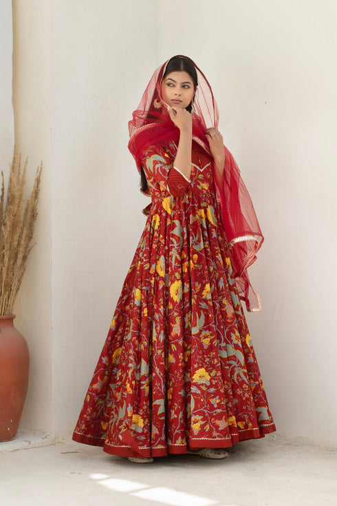 Pomcha Jaipur Maroon Long Cotton Anarkali With Soft Net Dupatta