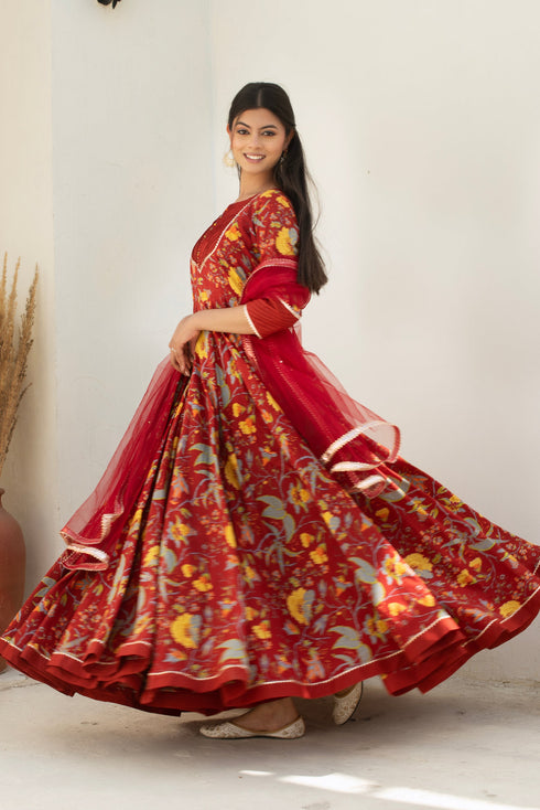 Pomcha Jaipur Maroon Long Cotton Anarkali With Soft Net Dupatta