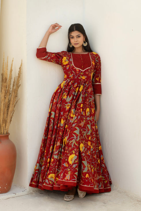 Pomcha Jaipur Maroon Long Cotton Anarkali With Soft Net Dupatta