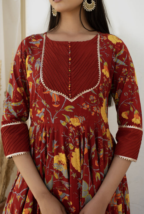 Pomcha Jaipur Maroon Long Cotton Anarkali With Soft Net Dupatta