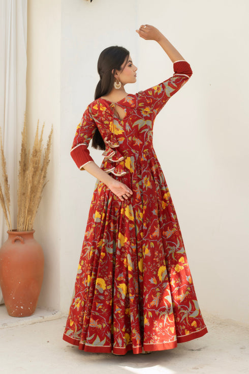 Pomcha Jaipur Maroon Long Cotton Anarkali With Soft Net Dupatta