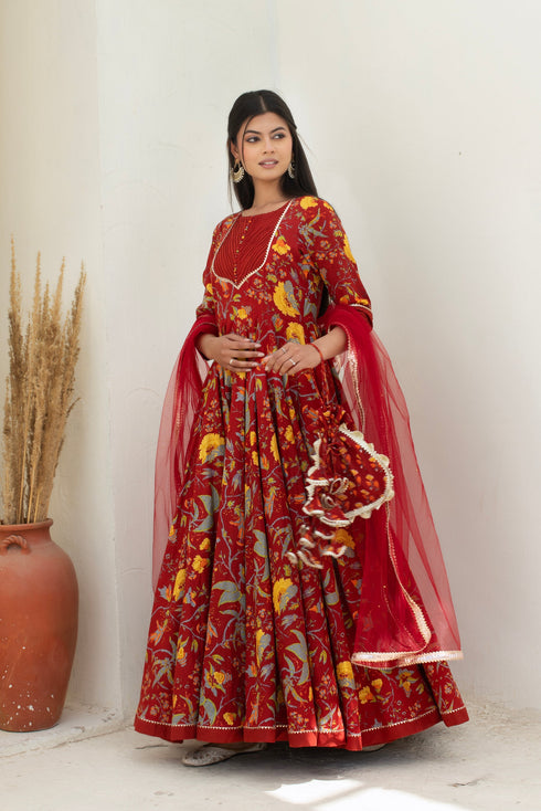 Pomcha Jaipur Maroon Long Cotton Anarkali With Soft Net Dupatta