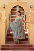 Pomcha Jaipur Grey Hand Block Cotton Anarkali With Soft Net Dupatta