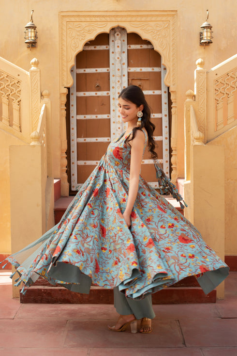 Pomcha Jaipur Grey Hand Block Cotton Anarkali With Soft Net Dupatta