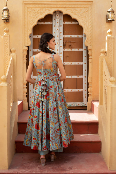 Pomcha Jaipur Grey Hand Block Cotton Anarkali With Soft Net Dupatta