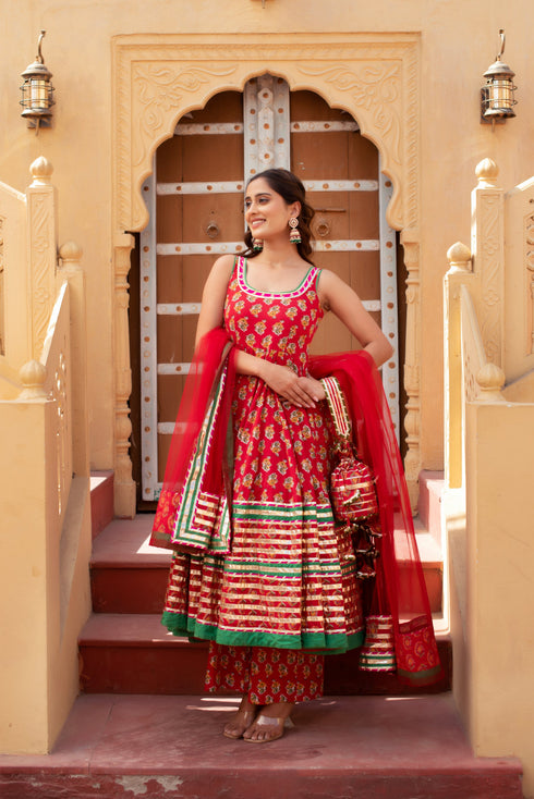 Pomcha Jaipur Red Cotton Gota Patti Anarkali Set With Soft Net Dupatta
