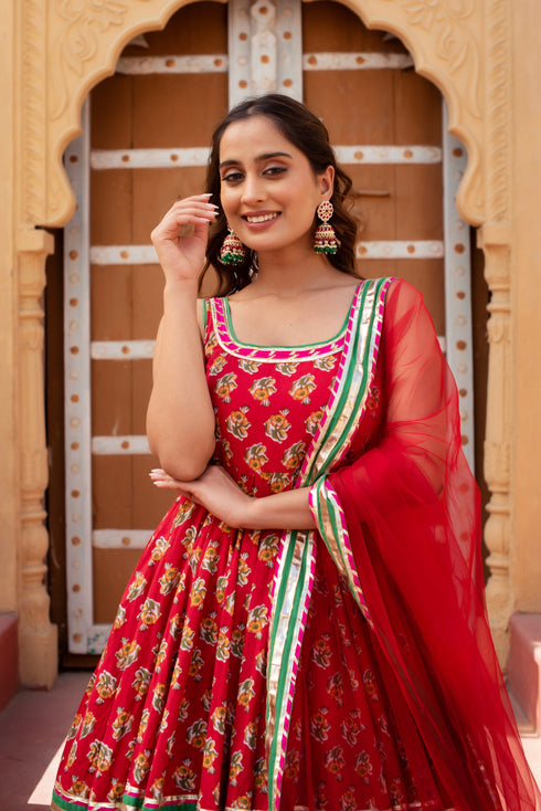 Pomcha Jaipur Red Cotton Gota Patti Anarkali Set With Soft Net Dupatta