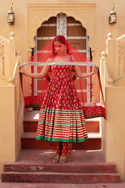Pomcha Jaipur Red Cotton Gota Patti Anarkali Set With Soft Net Dupatta