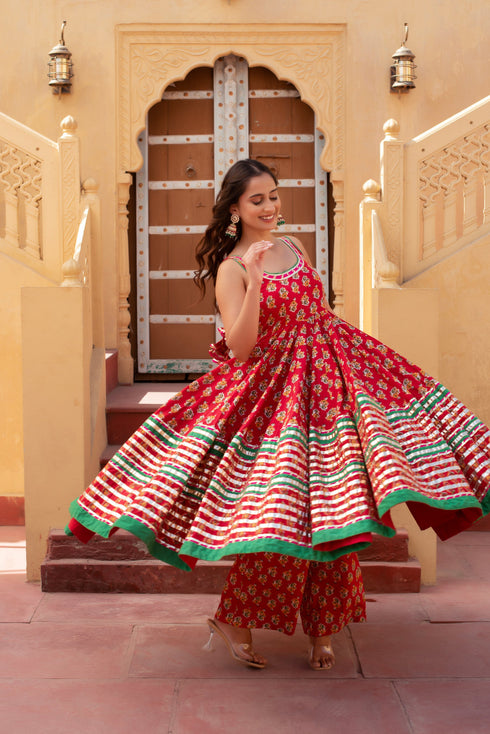 Pomcha Jaipur Red Cotton Gota Patti Anarkali Set With Soft Net Dupatta