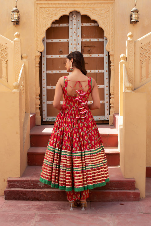 Pomcha Jaipur Red Cotton Gota Patti Anarkali Set With Soft Net Dupatta