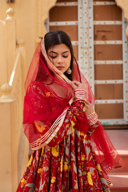 Pomcha Jaipur Red Hand Block Cotton Gota Patti Anarkali Skirt Set With Soft Net Dupatta
