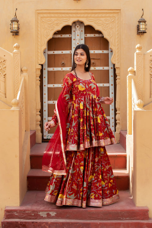 Pomcha Jaipur Red Hand Block Cotton Gota Patti Anarkali Skirt Set With Soft Net Dupatta