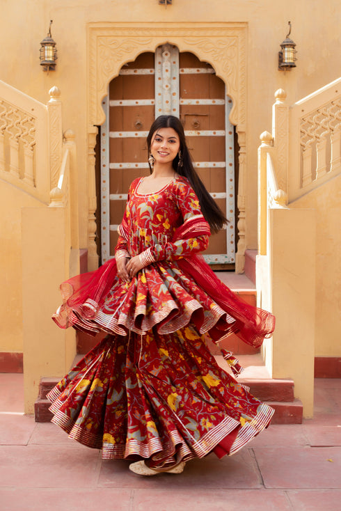 Pomcha Jaipur Red Hand Block Cotton Gota Patti Anarkali Skirt Set With Soft Net Dupatta