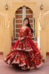 Pomcha Jaipur Red Hand Block Cotton Gota Patti Anarkali Skirt Set With Soft Net Dupatta