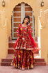 Pomcha Jaipur Red Hand Block Cotton Gota Patti Anarkali Skirt Set With Soft Net Dupatta
