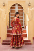 Pomcha Jaipur Red Hand Block Cotton Gota Patti Anarkali Skirt Set With Soft Net Dupatta
