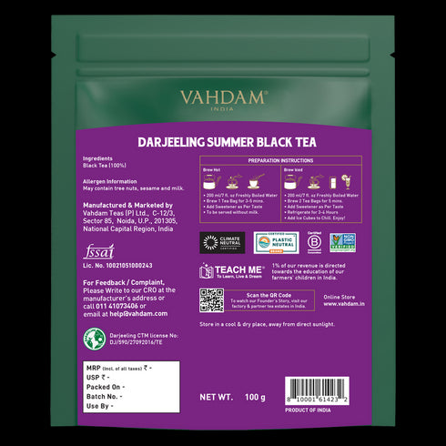 Vahdam Organic Darjeeling Black Tea Bags-50 Pyramid Tea Bags