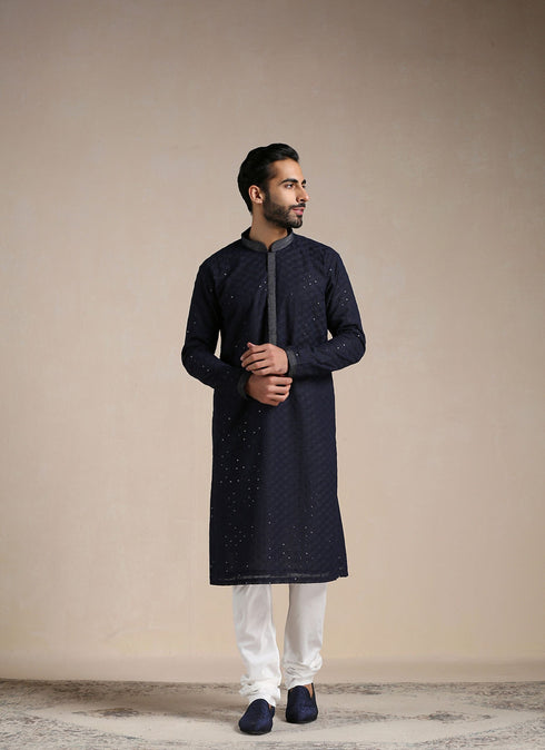 Manyavar Midnight Blue Sequined Kurta Set