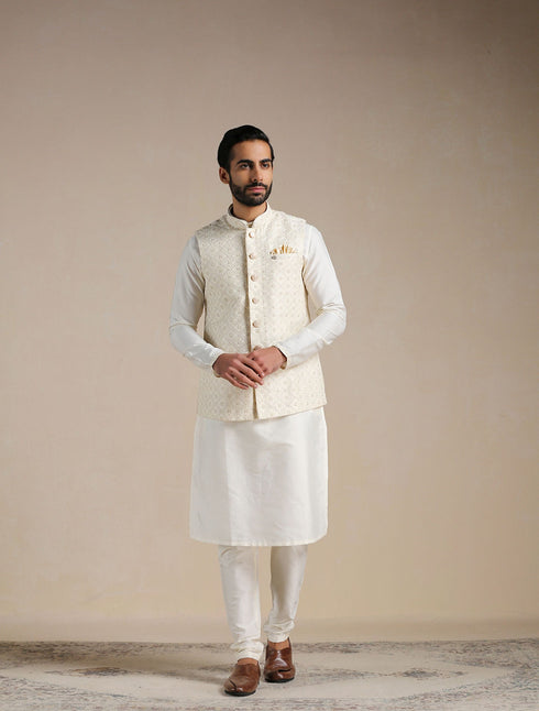 Manyavar Antique White Kurta and Jacket Set